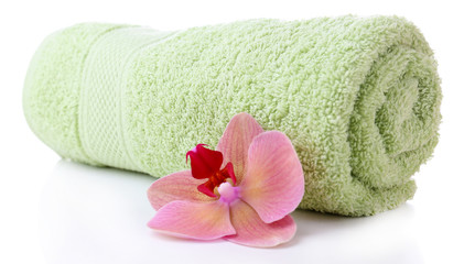 Obraz na płótnie Canvas Orchid flower and towel roll, isolated on white