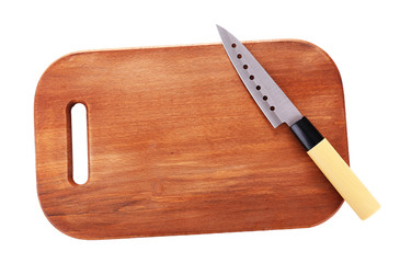 Kitchen knife  and wooden cutting board ,isolated on white