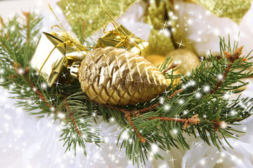 Christmas decorations on fir tree close up