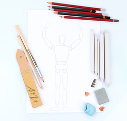 Professional art materials and sketch, isolated on white