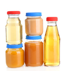 Baby food in glass jars, isolated on white