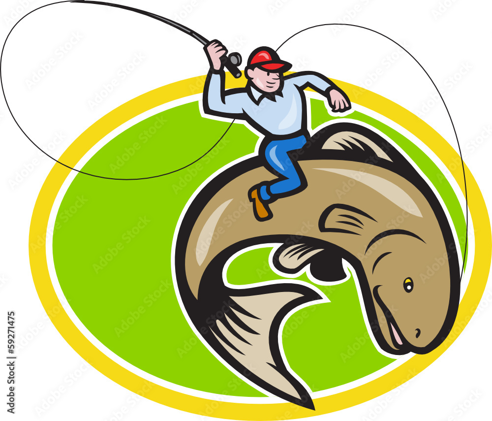 Canvas Prints Fly Fisherman Riding Trout Fish Cartoon