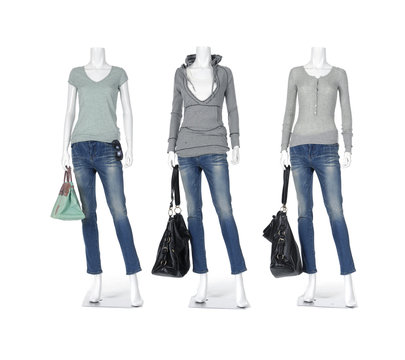 female mannequin in jeans casual peignoir clothes with bag