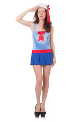 Young airhostess saluting isolated on white