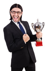 Businessman awarded with prize cup isolated on white