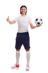 Young soccer football player on white