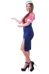 Young airhostess holding hands isolated on white