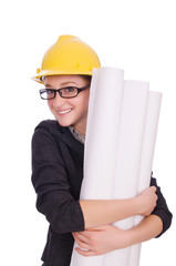 Young architect with drawings on white