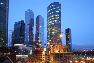 Moscow-City under construction at evening