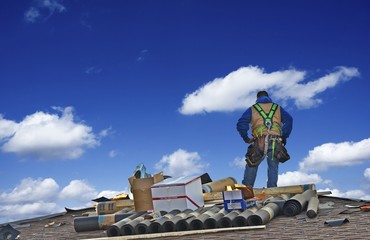 Construction Roofer Worker - obrazy, fototapety, plakaty