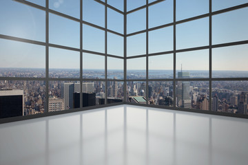 Fototapeta na wymiar Room with large window showing city
