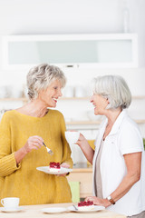 zwei seniorinnen essen kuchen