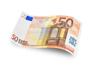 Close up fifty euro banknote. Isolated on white background - obrazy, fototapety, plakaty