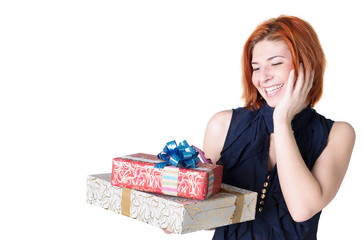 Joyful women with boxes gifts