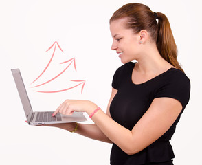 Smiley woman with laptop and arrow