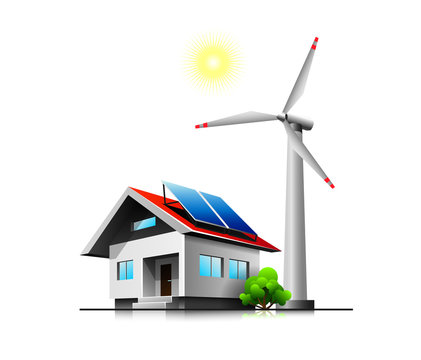 recommend clip art: Sustainable family house with solar panels and wind turbine