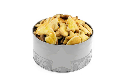 biscuit de No&euml;l en boite ronde sur fond blanc