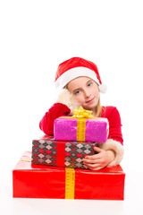 Christmas Santa kid girl happy excited with ribbon gifts