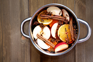 freshly cooked mulled wine  in the pan
