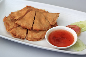 Deep fried shrimp tile shape with spicy chili sauce