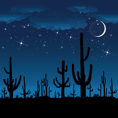 Saguaro Cactus at night. Vector background.