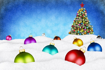 Fototapeta na wymiar christmas balls and xmas tree in snow