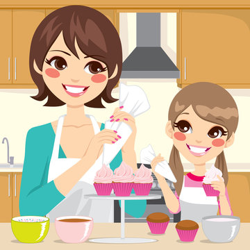 Mother and Daughter Decorating Cupcakes