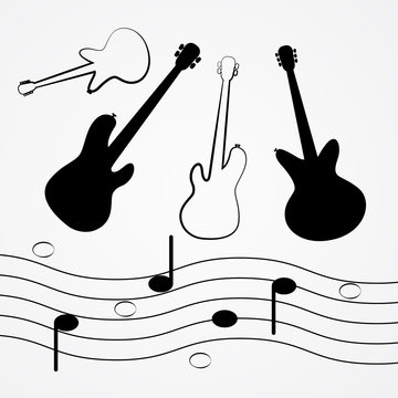 Vector Guitar, Bass, Staff, Notes Black Outlines and Silhouette