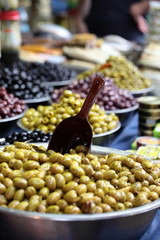 Assortment of olives on market,Tel Aviv,Israel