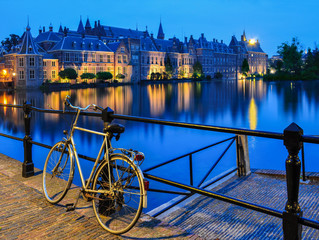 Bike on canal in The Hague close to Binnenhof