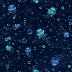 Seamless pattern with jellyfish in blue
