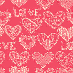 Fototapeta na wymiar Seamless pink Valentine pattern with hand drawn ornate hearts