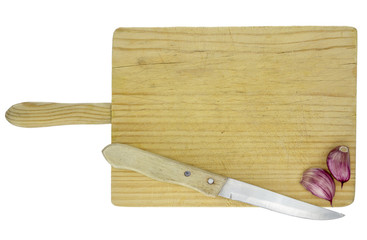 Cutting board with knife and garlics