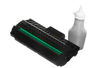 Black green cartridge toner bottle isolated. Technology.