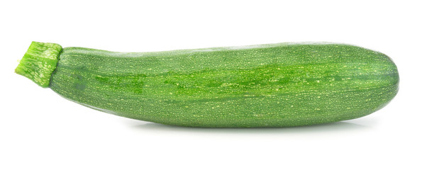 one fresh green zucchini isolated on white background