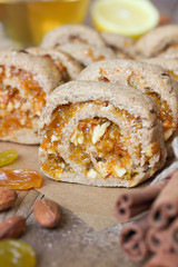 Rye cookies with raisins, dried apricots, almonds and cinnamon