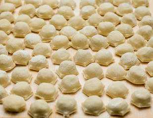 Russian pelmeni, pasta and meat, handmade food