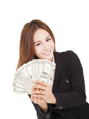 happy businesswoman holding the money