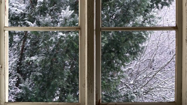 Heavy snowfall seen through old wooden window