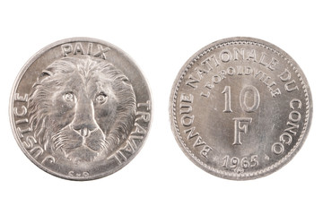 Isolated Belgian Congo 10 Franc Coin