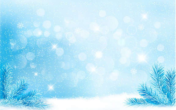 Blue Christmas background with tree branches and snowflakes. Vec