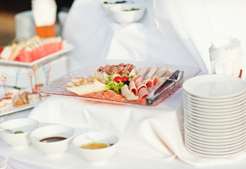 Luxury food and drinks on wedding table. sort of canape