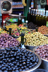Assortment of olives on market,Tel Aviv,Israel