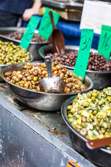 Assortment of olives on market,Tel Aviv,Israel