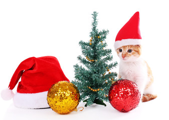 Little kitten with Christmas decorations isolated on white