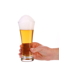 Glass of beer in hand.