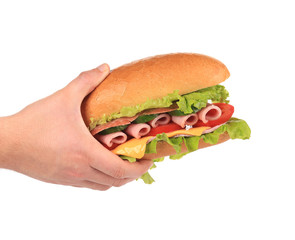 Hand holds french baguette sandwich.