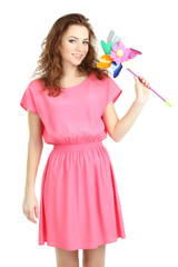 Beautiful young girl in dress isolated on white