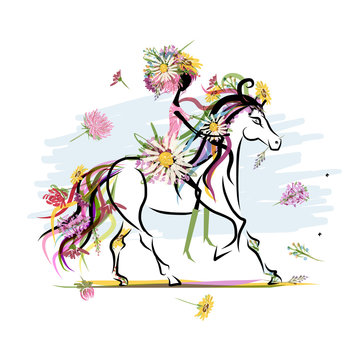 Floral girl on white horse for your design