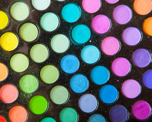 Palette colorful eye shadows. Makeup set background.